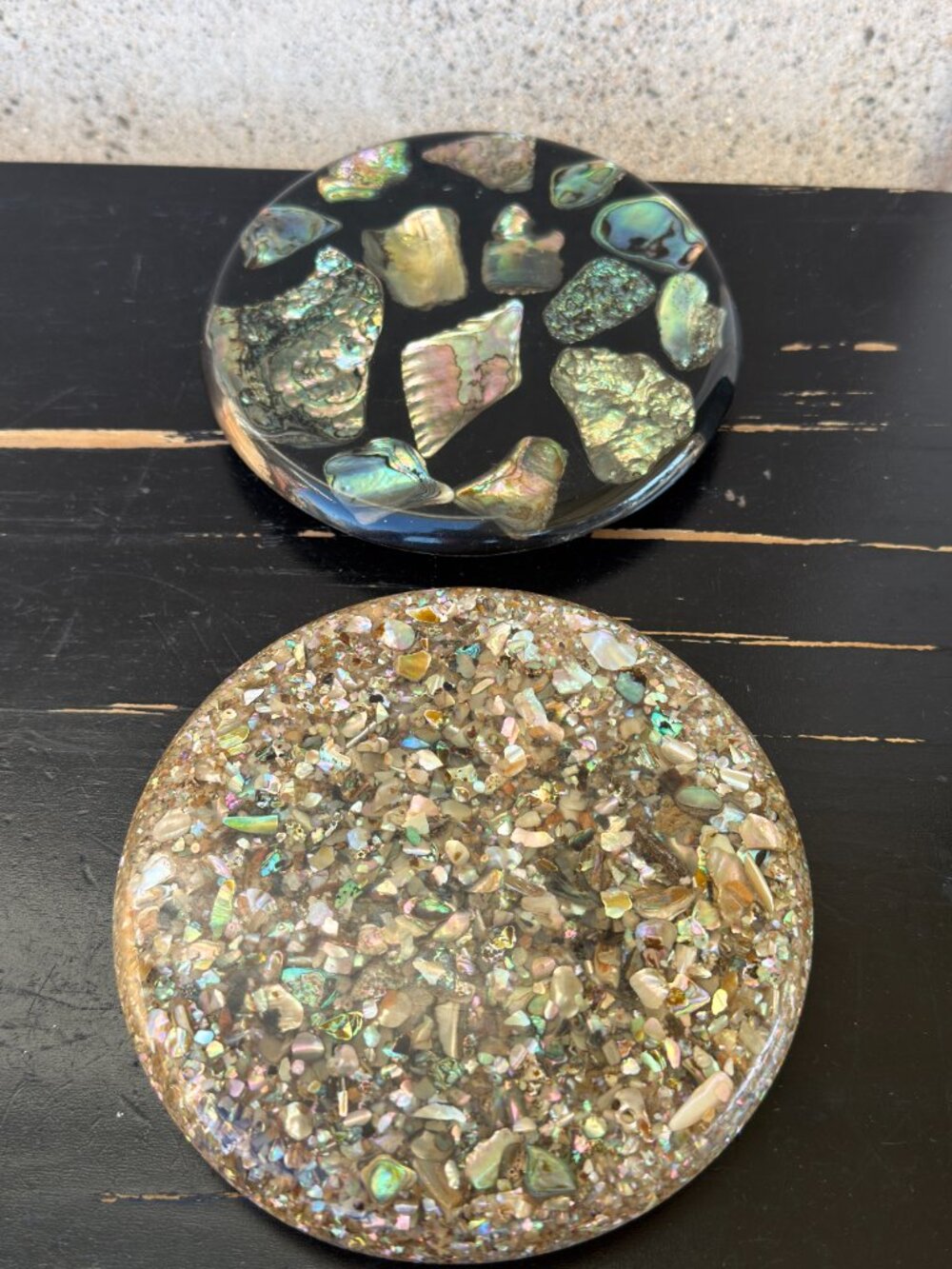 Vintage Abalone Shell Lucite Set of 2 Round Footed Trivets 5 1/2"